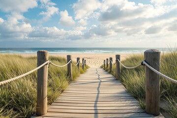 Wooden boardwalk path with rope railing through beach grass dunes, realistic style, ocean background, concept of summer travel and relaxation. Ai generative