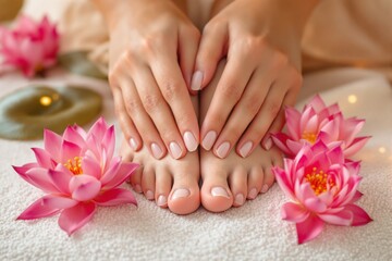 Manicured hands and pedicured feet with natural nails, surrounded by blooming lotus flowers, on a soft towel background. Concept of spa and wellness. Ai generative
