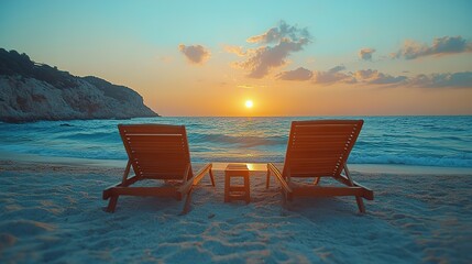 Two empty sunbeds under an umbrella on a sandy beach at sunset, a serene summer holiday.
