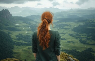 Naklejka premium Young Woman in a Ponytail Enjoying a Scenic Mountain View Over a Green Valley