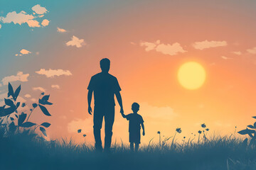 Fototapeta premium Father and child holding hands walk through meadow at sunrise, warm pastel illustration celebrating parenting, bonding, and peaceful family time.