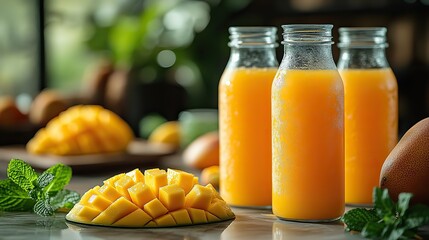Two glass bottles of mango juice with mint rest on marble beside sliced mango, a tropical scene.