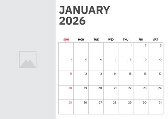 January 2026 Calendar. Week start on Sunday. Desk calendar 2026 design, simple and clean design, Wall calendar for print, digital calendar, Corporate design planner template vector.