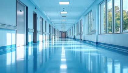 Modern Empty Hospital Corridor with Bright Blue Light and Serene Atmosphere