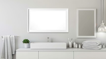 A white rectangular frame in a modern bathroom, hung above a sleek white sink, with a mirror, towels, and a small plant  HD 8K mockup wallpaper Photographic Image