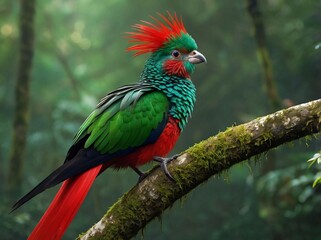 Obraz premium Resplendent Quetzal (Pharomachrus mocinno) – A bright green and red bird with long, flowing tail feathers, sacred to Mayan and Aztec cultures, found in Central American cloud forests.