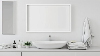 A white rectangular frame in a modern bathroom, hung above a sleek white sink, with a mirror, towels, and a small plant  HD 8K mockup wallpaper Photographic Image