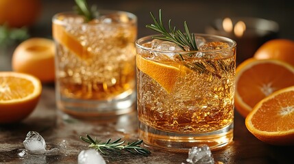 Two glasses of cocktails with orange, ice, and rosemary on white with a sliced orange against orange.