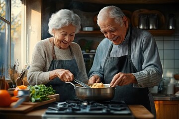 Elderly Couple Cooking Together in Cozy Kitchen Laughing and Enjoying Breakfast Routine