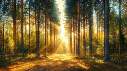 Obraz premium Golden Hour in a Serene Pine Forest with Sunlight Through the Canopy