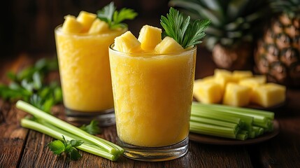 Two glasses of pineapple juice with celery leaves and pineapple chunks on a rustic table.