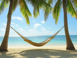 Beach Hammock Relaxation – A Peaceful Scene of a Hammock Swaying by the Ocean