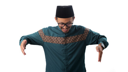 Excited Asian Muslim man showing a huge, big size gesture with his hands, expressing enthusiasm and excitement. Isolated on a white background