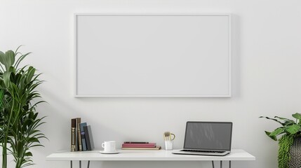 A white rectangular frame in a modern hallway above a small table with a coffee cup, a laptop, and a few books. HD 8K mockup wallpaper Photographic Image