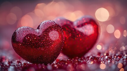Obraz premium Two glossy red hearts float against a soft focus sparkling background, evoking love.