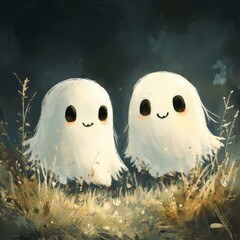 Whimsical Ghost Characters Surrounded by Grass and Flowers at Night