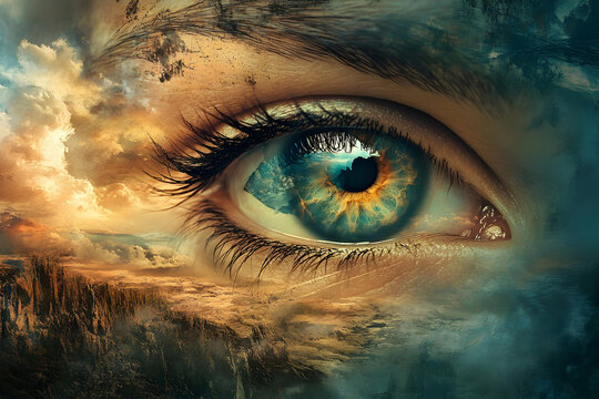 Surreal human eye blending with dramatic sky and landscape, symbolizing vision, imagination, awareness, and creative perspective in a dreamlike scene.