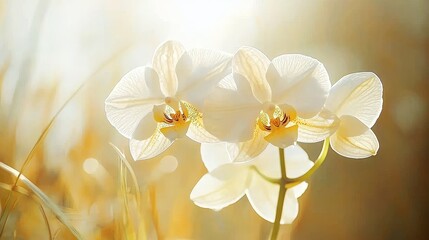 Obraz premium Artistic Bloom of Orchid with Butterflies in Soft Focus and Golden Light