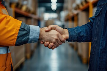 Closeup of Two Male Workers Signing a Deal with a Handshake in a Warehouse Environment
