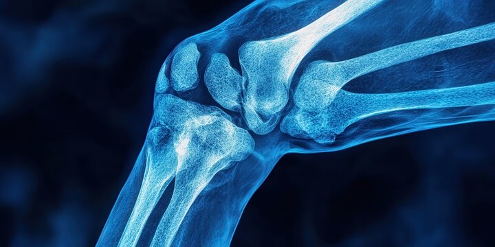 Detailed X-ray image of the human knee joint showcasing bones and ligaments.