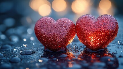 Obraz premium Two shiny red glitter hearts sit on a sparkling silver background, creating romance for Valentine's, anniversaries, or love declarations.