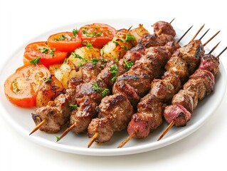 plate of une meat brochette on white background