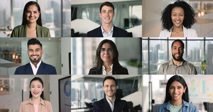 Group of teammates, young and mature staff members posing for camera in office, front faces view, professional occupation businesspeople portraits collage. Videocall, global communication participants