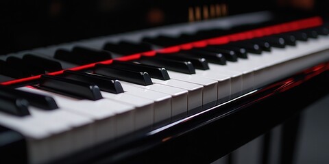 Close-up of black and white piano keys illuminated by soft lighting.