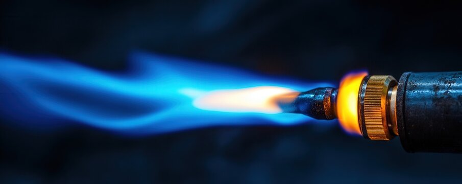 Close-up of a lit blowtorch with a bright blue flame against a dark background.