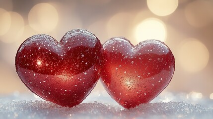 Obraz premium Two shiny red hearts stand on a white surface against a cream background, symbolizing love for Valentine's, Woman's Day, or any romantic occasion.