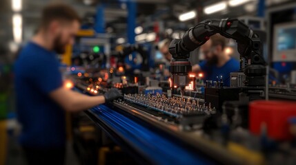 Obraz premium Smart Factory Robotic Arm Assembling Microchips on Production Line