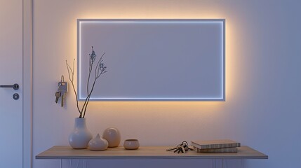 A white rectangular frame in a modern hallway, placed above a simple wooden table with a vase, keys, and soft lighting. HD 8K mockup wallpaper Photographic Image