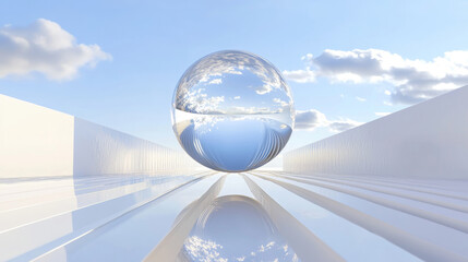 3D sci-fi geometry mirror glass globe earth in virtual reality fiction novel concept for world brain with artificial intelligence. road toward sky and cloud blue white future technology background