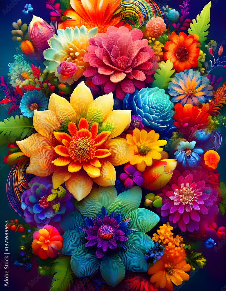 Poster a vibrant explosion of colorful flowers in various shapes and sizes against a dark background, creat