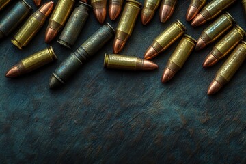 A collection of brass bullets on a dark textured surface, evoking a somber and serious mood.