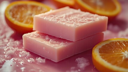 Two soap bars and three orange slices levitate on peach, a refreshing scene for hygiene and body care.