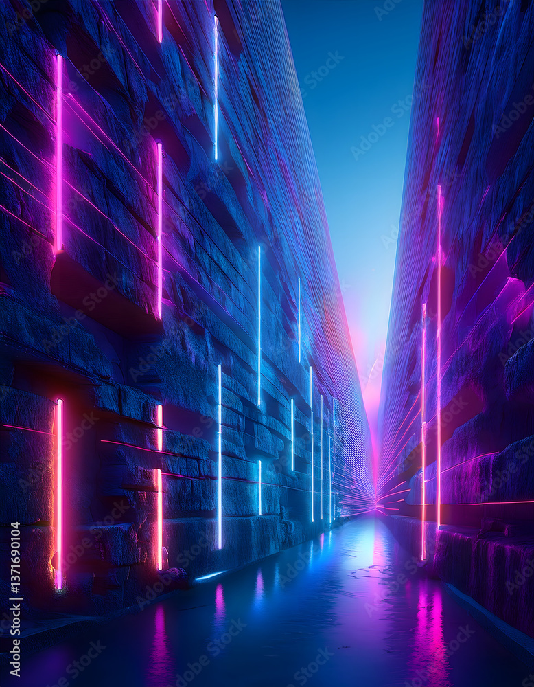 Poster a futuristic alleyway illuminated by neon lights, with walls of stone reflecting vibrant colors and 