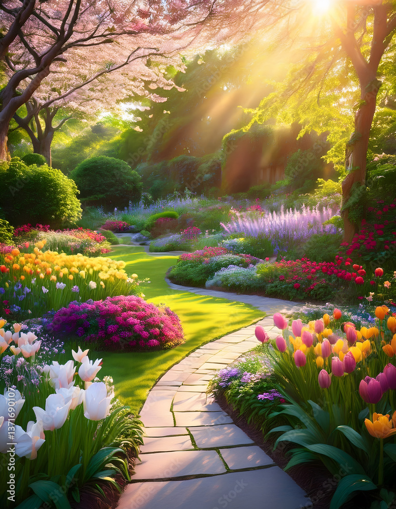 Poster A vibrant garden path surrounded by colorful flowers and sunlight filtering through the trees creates a serene and picturesque scene