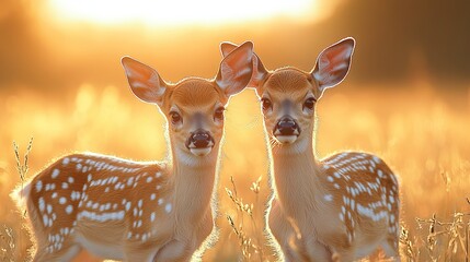 Fototapeta premium Two spotted fawn deer stand in a golden field of tall grass under the warm glow of the setting sun, a serene wildlife scene.