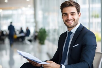 Fototapeta premium Confident Business Professional: A well-dressed and confident businessman sits, holding documents, with a gentle smile that exudes professionalism and a strong presence in a modern office.