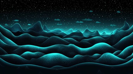 Abstract Landscape with Neon Waves and Starry Night Sky
