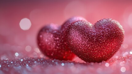 Fototapeta premium Two textured red hearts lie on a pink surface casting shadows under sparkling glitter, ideal for Valentine's or a declaration of love.