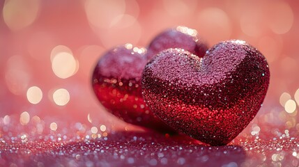 Fototapeta premium Two textured red hearts lie on a pink surface casting shadows under sparkling glitter, ideal for Valentine's or a declaration of love.