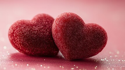 Fototapeta premium Two velvety red hearts rest on a sparkling pink background, creating a romantic scene for Valentine's, anniversaries, or expressions of love.