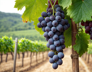 Naklejka premium Close up of ripe purple grapes hanging on the vine in a vineyard at sunset, ready for harvest. The warm light of the setting sun illuminates the grapes, creating a beautiful and inviting scene