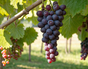 Close up of ripe purple grapes hanging on the vine in a vineyard at sunset, ready for harvest. The warm light of the setting sun illuminates the grapes, creating a beautiful and inviting scene