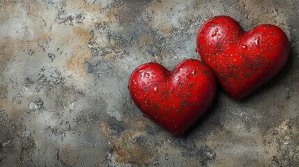 Obraz premium Two vibrant red hearts lie on a textured gray background, symbolizing love and Valentine's Day, with space for text.