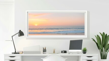 A white rectangular frame in a modern home office, displayed above a simple desk with a computer, lamp, and a small plant. HD 8K mockup wallpaper Photographic Image
