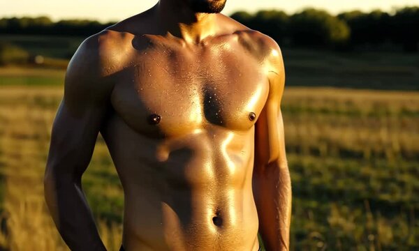 Man With Shirt Off Showing Muscular Physique Outdoors at Sunset