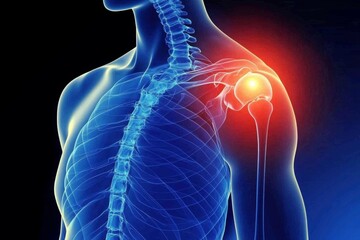 A 3D visual representation of a person with a glowing blue shoulder indicating discomfort.